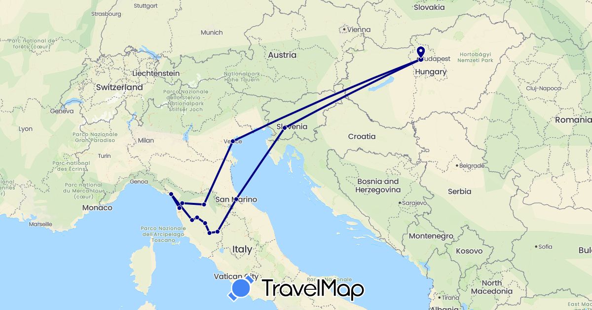 TravelMap itinerary: driving in Hungary, Italy, Slovenia, San Marino (Europe)